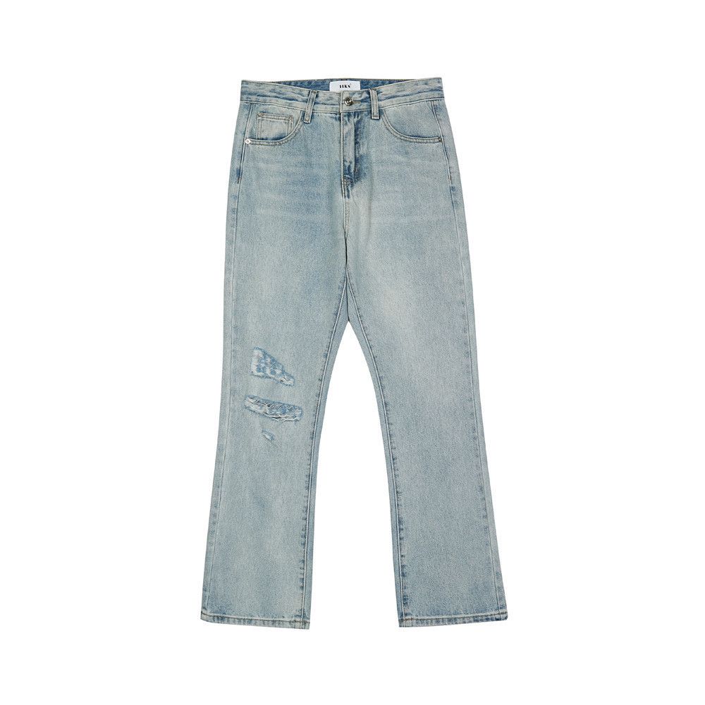 Solid Color Distressed Washed Vintage Jeans Men's American Style Loose Straight Trendy Casual Flared Pants_mkmklike.com