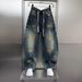 Ruffian Handsome Feng Shui Washing Old Jeans Men 2026 Autumn And Winter Loose Wide-leg Trousers Personalized Printing Scimitar Pants_mkmklike.com