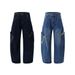 Men's Cargo Denim Scimitar Vibe Trendy Brand Design Color Block Pocket Personality Loose Wide Leg Straight Long Pants_mkmklike.com