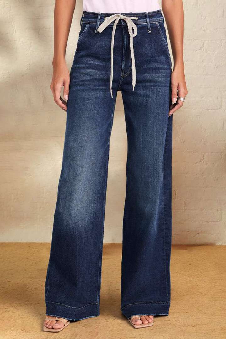 Women's Clothing Spring New Lace Up Stretch Jeans Straight Temperament Wide Leg Trousers_mkmklike.com