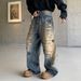 Men's Distressed Straight Leg Jeans With Star Rhinestones - Vintage Washed Loose Fit Wide Leg Pants For Casual Streetwear_mkmklike.com