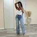 Vintage Washed Denim Jeans For Women With Fringe & Cross Patches - Straight Leg, High Waist, Comfortable Cotton Blend_mkmklike.com