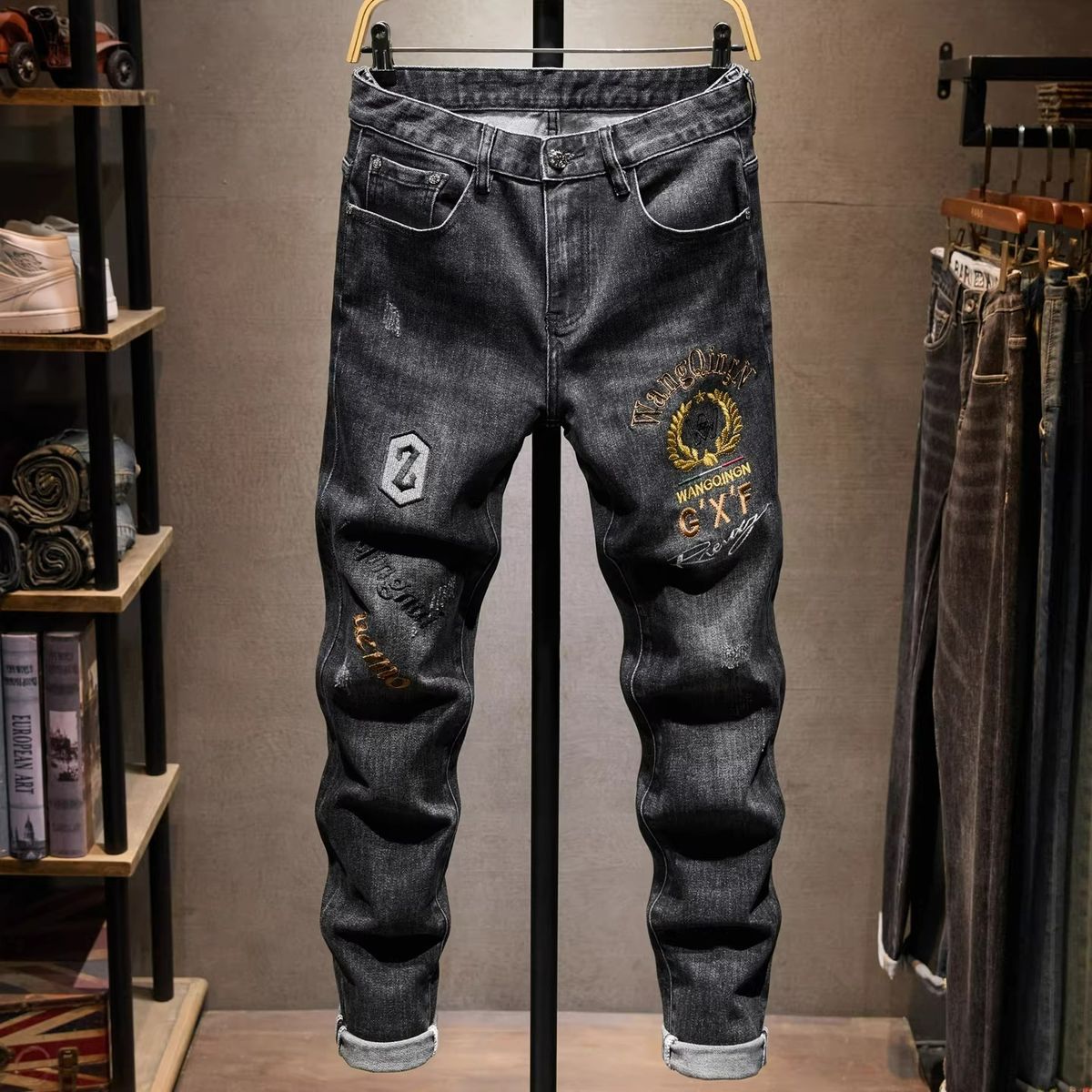 Men's Slim-Fit Embroidered Jeans - Premium Stretch Denim Pants With Artisan Detailing, Black-Grey Washed For Year-Round Wear_mkmklike.com