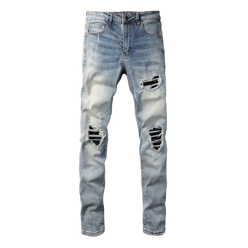 Men Leather Patches Denim Jeans Streetwear Holes Ripped High Stretch Pants Light Blue Skinny Tapered Trousers_mkmklike.com