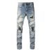 Men Leather Patches Denim Jeans Streetwear Holes Ripped High Stretch Pants Light Blue Skinny Tapered Trousers_mkmklike.com