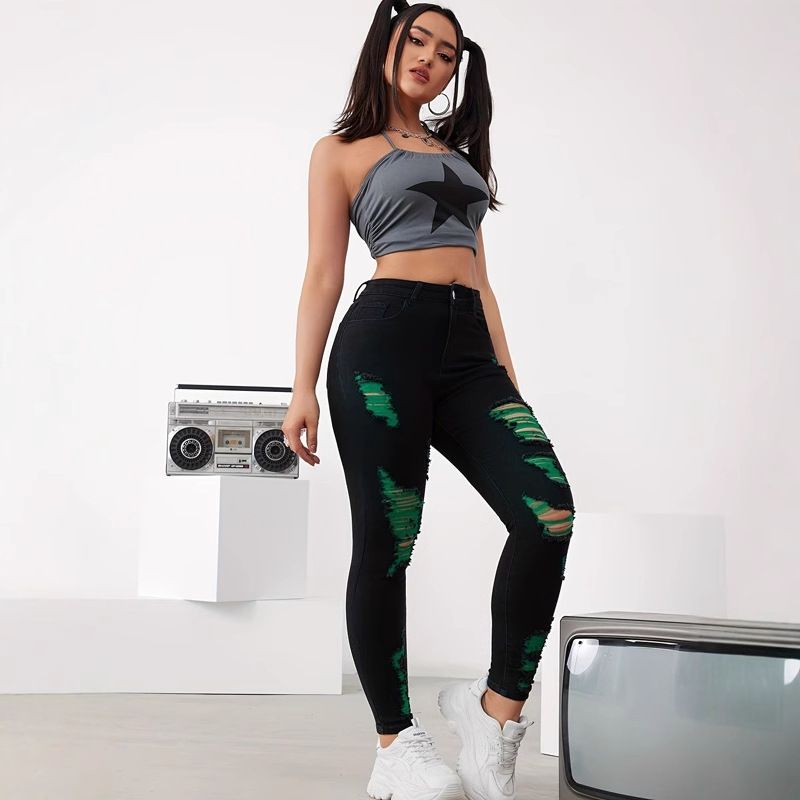 ELLE Ripped Jeans For Women Black High Waist Skinny Slim Fit Flattering Tall 2025 Spring Autumn New Tight Elastic Pants_mkmklike.com