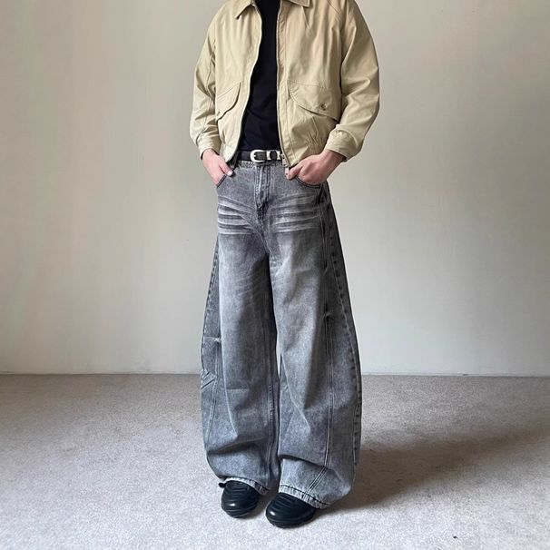 Vintage Washed Denim Jeans For Men & Women – Relaxed Fit, Cat Whisker Fading, Distressed Details, Retro Style_mkmklike.com
