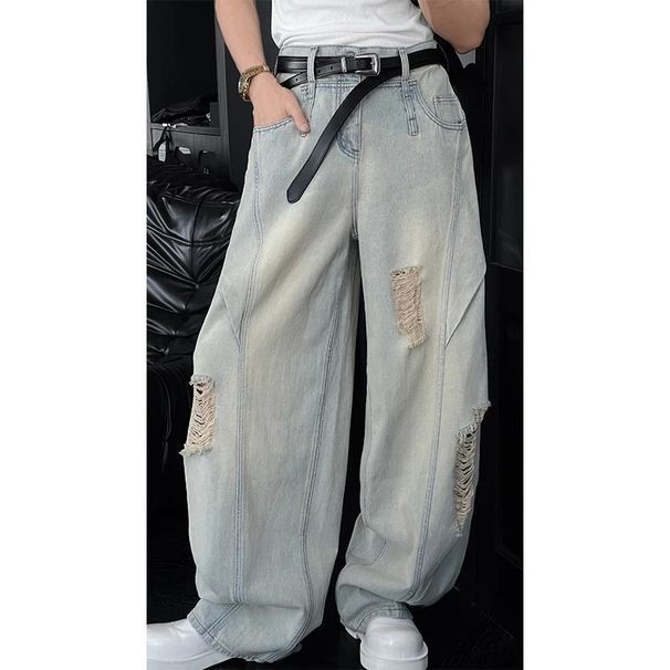 Men's Clothing Ripped Center Seam Jeans Men's Summer Thin American High Street Trendy Trousers Loose Straight Wide Leg Casual Trousers_mkmklike.com