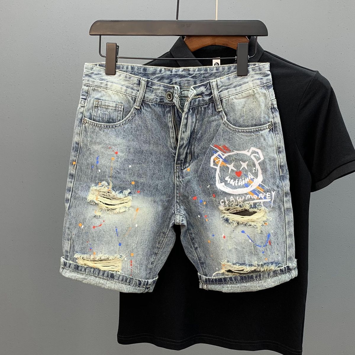 Denim Shorts Men's Personalized Printing Ink Splash Summer Pants_mkmklike.com