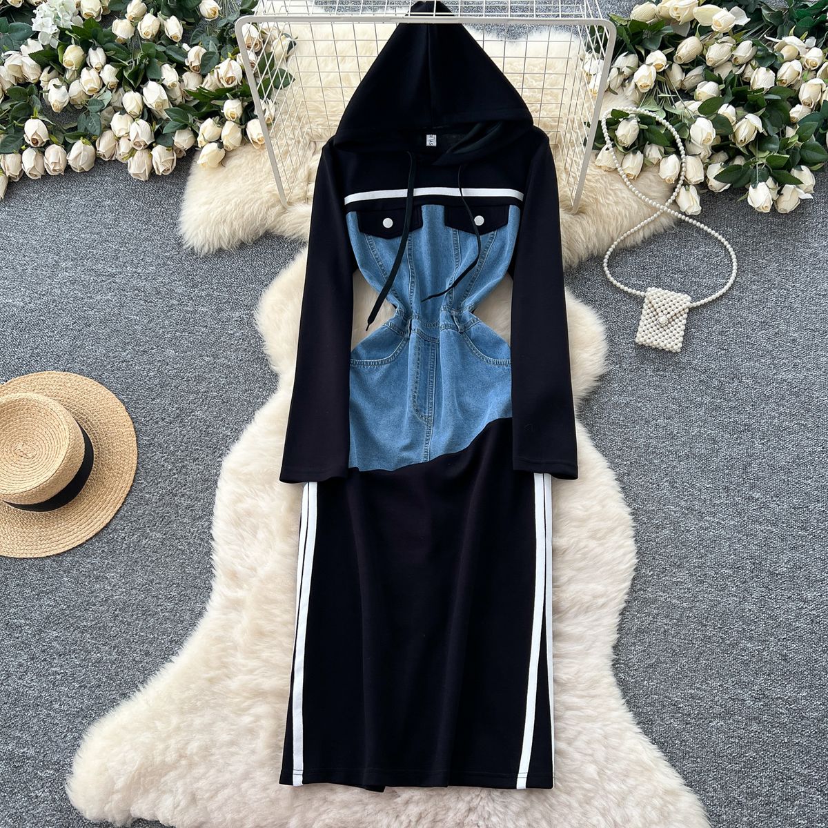 Fashionable Denim Patchwork Hooded Dress For Women - Slim Fit Mid-Length Casual Dress With High Waist Design_mkmklike.com