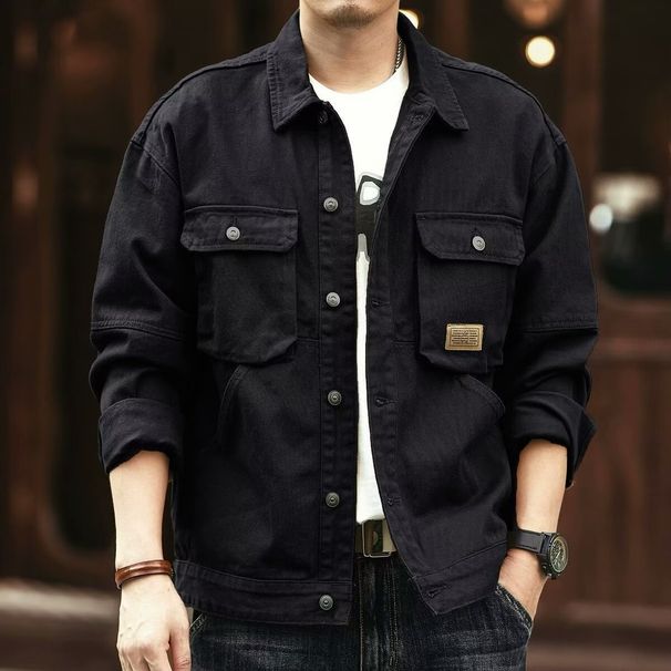 Men's Vintage Denim Jacket With Fleece Lining, Multi-Pocket Workwear Style, Heavyweight Washed Cotton For Winter_mkmklike.com