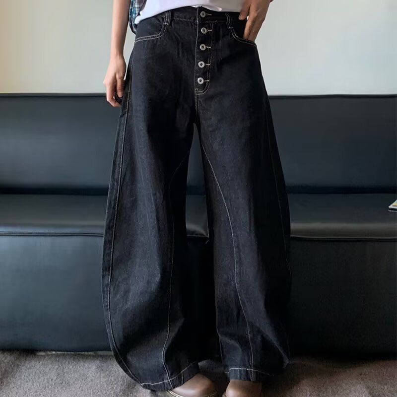 Unisex Trendy Wide Leg Loose Trousers Cross Border American Retro Button Design Bootcut Black Curved Blade Jeans_mkmklike.com