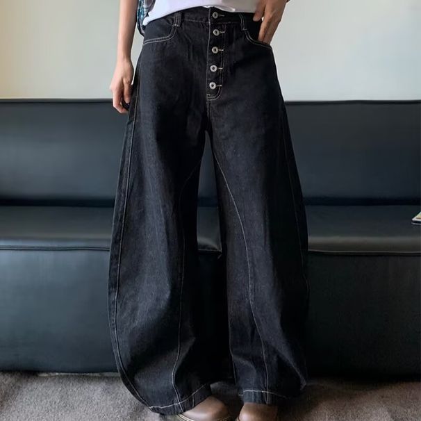 Unisex Trendy Wide Leg Loose Trousers Cross Border American Retro Button Design Bootcut Black Curved Blade Jeans_mkmklike.com