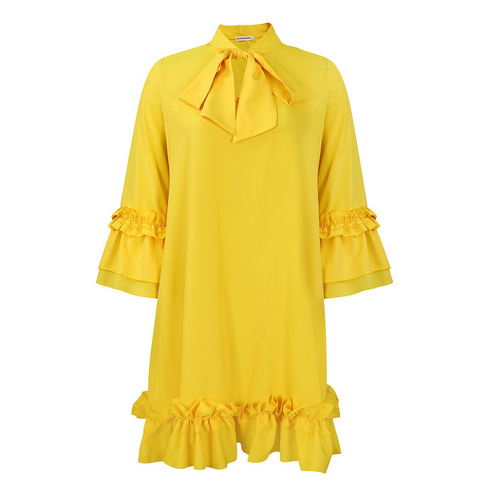 Women's Clothing loose casual large size ruffle sleeve lace up solid color dress_mkmklike.com
