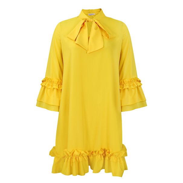 Women's Clothing loose casual large size ruffle sleeve lace up solid color dress_mkmklike.com