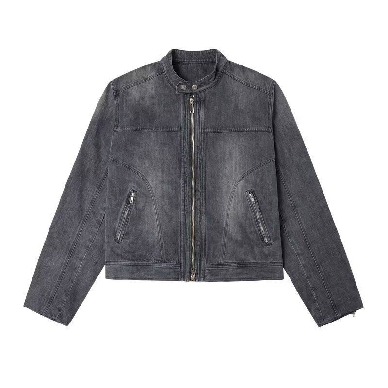 Teenage Vintage Denim Jacket, Stand Up Collar, Niche Motorcycle Jacket, Cardigan_mkmklike.com