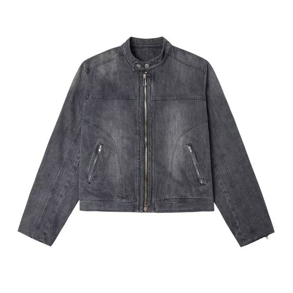 Teenage Vintage Denim Jacket, Stand Up Collar, Niche Motorcycle Jacket, Cardigan_mkmklike.com