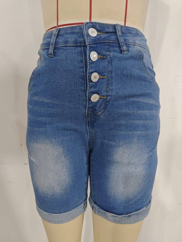 K Women's Stretch High Waisted Denim Women's Rolled Edge Mid Length Pants_mkmklike.com