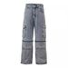 Men's Clothing High StreetStyle Multi Pocket Zipper Splicing Detachable Denim Overalls For Men And Women Trendy Loose Wide Leg Trousers_mkmklike.com