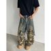 Men's Clothing Unisex High-Street Camo Cargo Pants With Contrast Panels & Multi-Pockets - Straight Leg Denim Jeans For Men & Women_mkmklike.com
