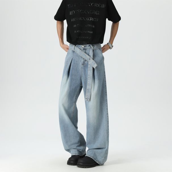 New 2026 Men's Straight Leg Jeans Trendy And Stylish Blue Cotton mid Waist Long with Belt Standard Thickness Slight Stretch_mkmklike.com
