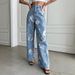 Retro Floral Print Jeans – High-Waisted Wide Leg (Blue, Cotton Blend, Boho Chic S-XL, Washed & Non-Stretch For Authentic Vintage Feel)_mkmklike.com