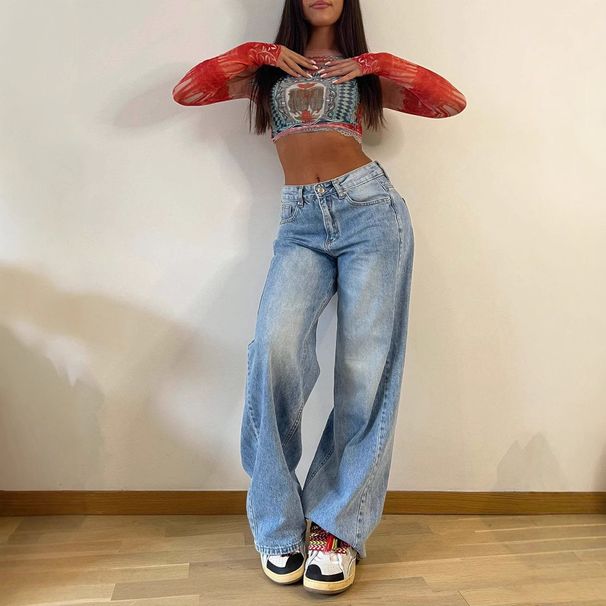 Women's Clothing High-Waisted Retro American Style Wide Leg Jeans Loose Fit Denim Pants For Spring Fashion_mkmklike.com