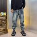 Light Blue Heavy Duty Jacquard Jeans For Men Slim Fit Elastic Waist Trendy Autumn Winter New_mkmklike.com