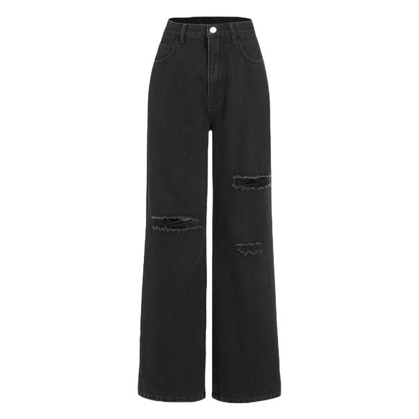 Women's Clothing Jeans Black Ripped Washed Straight Jeans_mkmklike.com