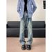 Washed Black Straight Jeans Men's Summer Vibe American Loose Casual Versatile Patchwork Wide Leg Pants_mkmklike.com
