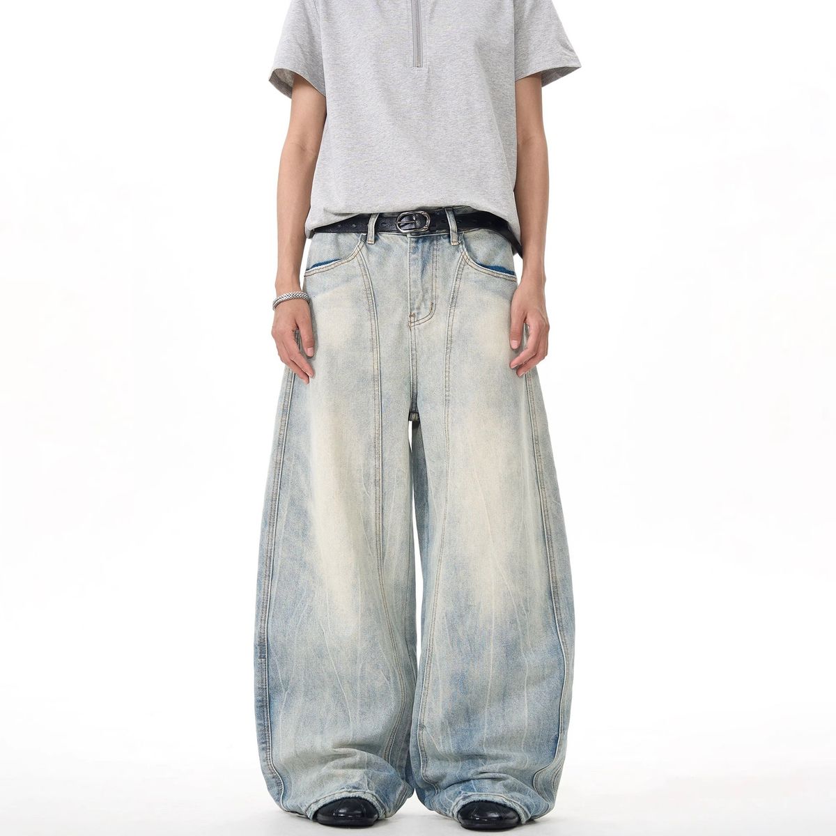 Vintage Washed Baggy Jeans For Men - 90s Inspired Wide Leg Distressed Denim Pants With Deconstructed Design_mkmklike.com