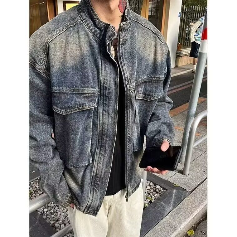 High Street Vintage Washed Large Pocket Design With Denim Jacket For Men In Spring And Autumn_mkmklike.com