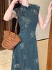 ELLE New Chinese Style Retro Blue Button Short Sleeve Denim Dress Elegant And Decent Waist-Cinching Improved Cheongsam For_mkmklike.com