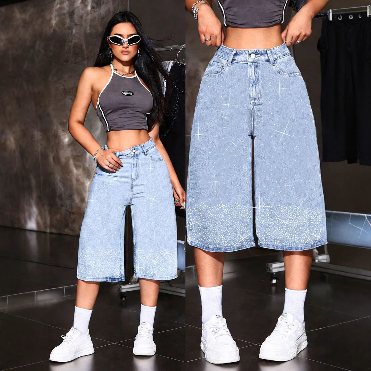 Light Blue Washed Cropped Denim Shorts for Women High Waisted Wide Leg Pants European American Style Rhinestone Embellished_mkmklike.com