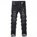 Men's Slim Straight Stretch Jeans - Distressed Black & Grey Washed Denim Pants For Casual Wear_mkmklike.com