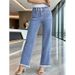 Comfortable Women's Light Blue Straight Leg Jeans Multiple Buttons Frayed Edges Cross Border Exclusive Factory Direct_mkmklike.com