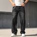 Men's Trendy Loose Straight Leg Jeans Midweight Cotton Black Blue Wide Leg Pants With Diamonds American Style_mkmklike.com
