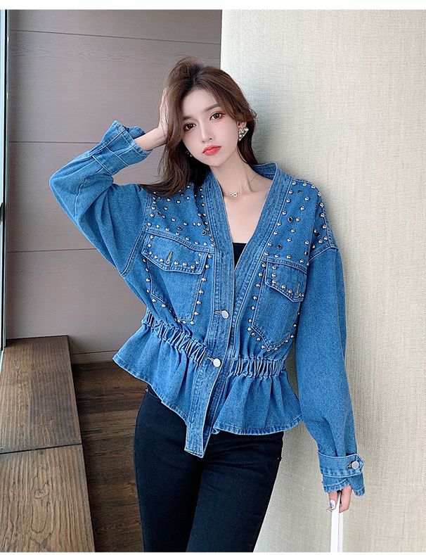 Slim Waist V-Neck Denim Jacket 2024 Spring Autumn Korean Style Beaded Loose Fit Boyfriend Top for Women Fashionable Versatile_mkmklike.com