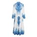 Women's Clothing 2024 new blue printed round neck slim fit long sleeve ethnic style casual fashion long women's dress_mkmklike.com
