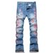 Men's Distressed Flare Jeans With Plum Blossom Embroidery – Vintage Streetwear Denim (Mid-Rise, Bootcut, 90% Cotton)_mkmklike.com