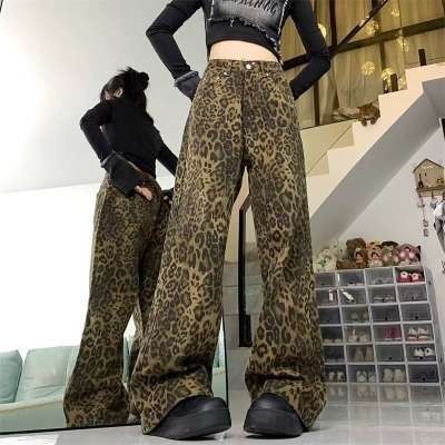American Retro Leopard Print Jeans For Women Men, Summer Trendy Niche Wide-leg Pants, Loose Drapey, Casual And Slimming_mkmklike.com