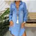 Popular Long Sleeve Button Pocket Solid Color Denim Shirt Dress_mkmklike.com