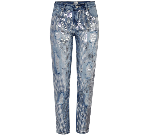 Women's Clothing Mid Waist Loose Straight Denim Nine Point Pants Popular Metallic Color Embroidered Beads Washed Old Holes_mkmklike.com