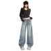 Light Blue Rhinestone Wide Leg Jeans Heavy Duty Loose Fit Straight Leg Pants For Women Spring/Autumn Regular Size Polyester_mkmklike.com