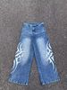 Men's High Street Retro Distressed Thorn Print Loose Wide Leg Jeans Hip Hop Floor Length Trousers_mkmklike.com