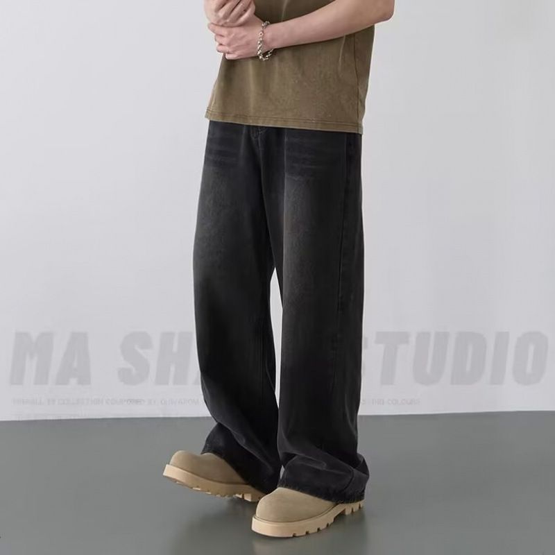 Men’s Retro Straight Leg Jeans – Vintage Blue & Light Blue Loose Fit Denim For Streetwear Style_mkmklike.com