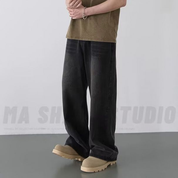 Men’s Retro Straight Leg Jeans – Vintage Blue & Light Blue Loose Fit Denim For Streetwear Style_mkmklike.com