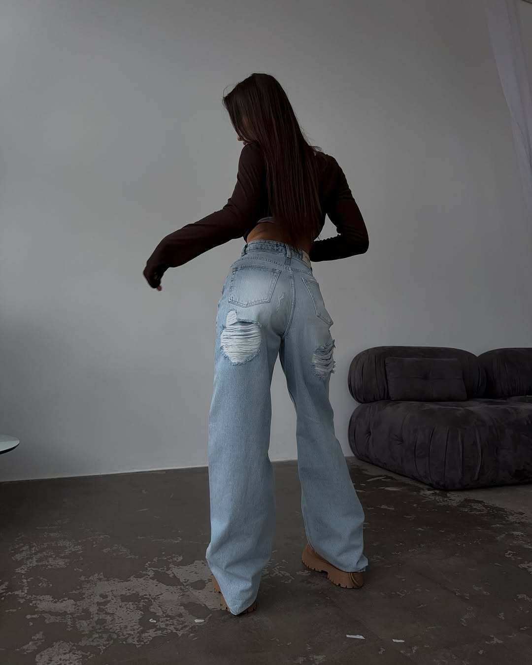 American Retro Hot Girl High Waist Straight Floor Length Trousers With Tattered Back Design Slim Jeans For Women In Four Seasons_mkmklike.com