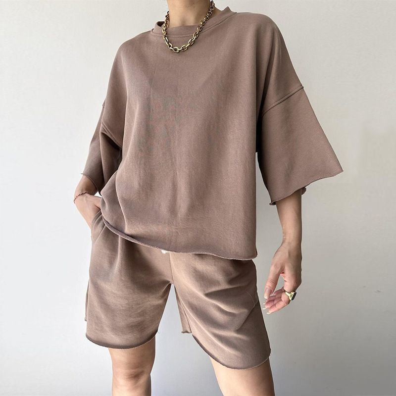 Women's casual suits for women half-sleeved round neck loose short-sleeved drawstring shorts two-piece suit_mkmklike.com