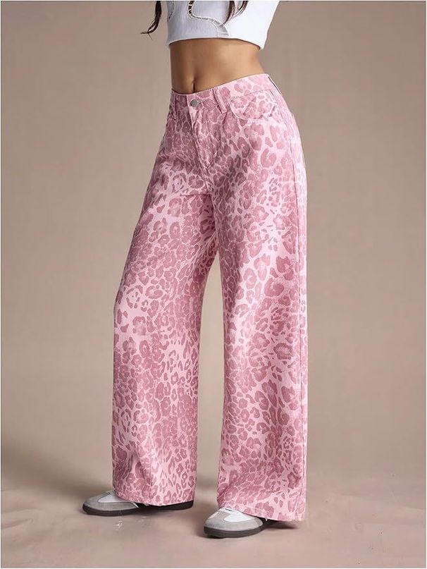 Women's Low Rise Washed Loose Fitting Straight Leg Pink Leopard Print Jeans for Cross Border E-commerce Wholesale Export_mkmklike.com